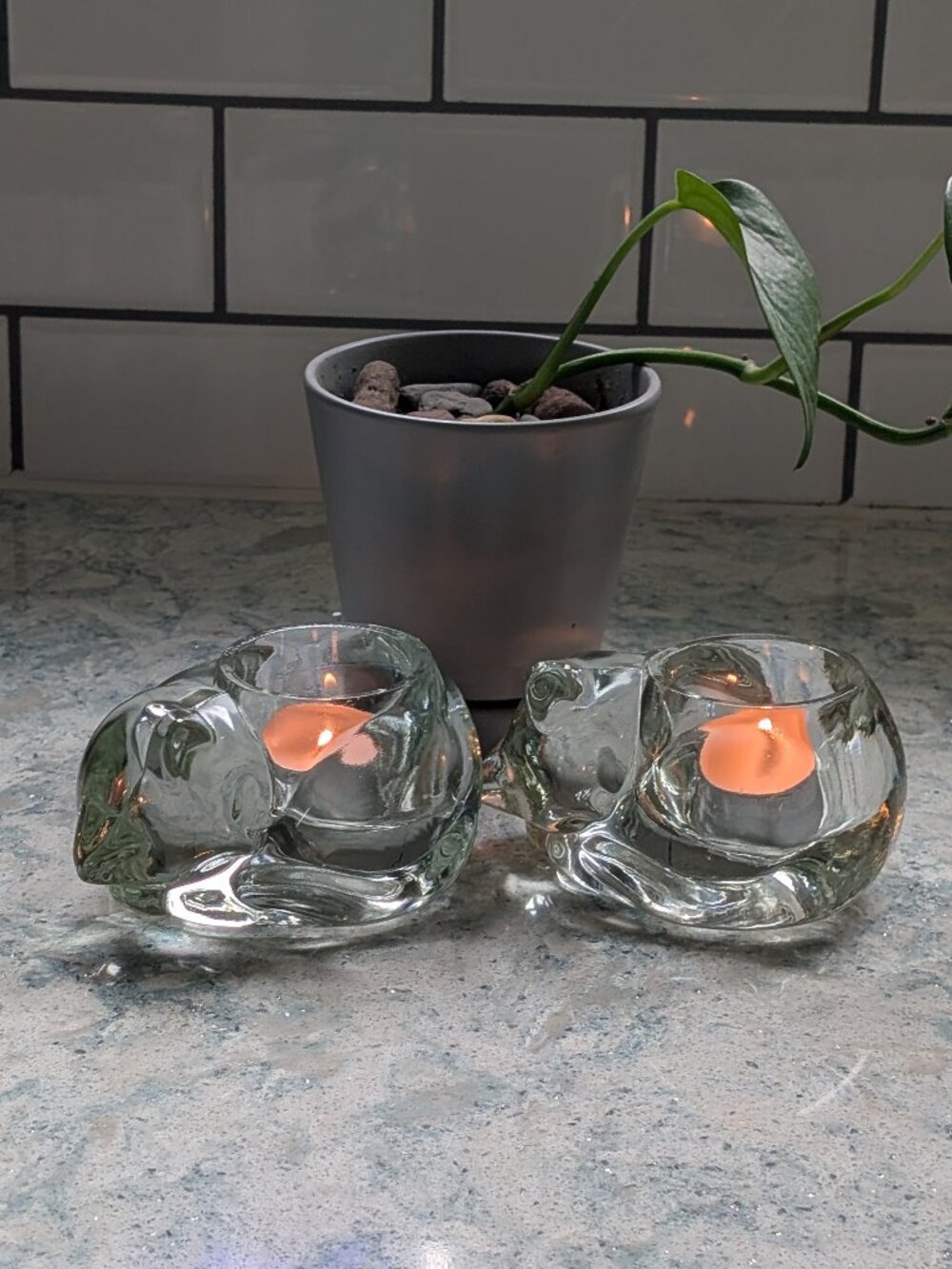 Pair of Vintage AVON Clear Crystal Glass Sleeping Cat sVotive Candle Holders